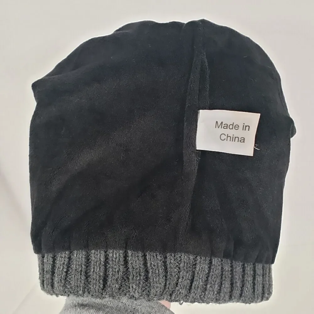 Beanie Hat Women's OS Gray‎ Knit Chunky Fleece Lined Faux Fur Pom Pom